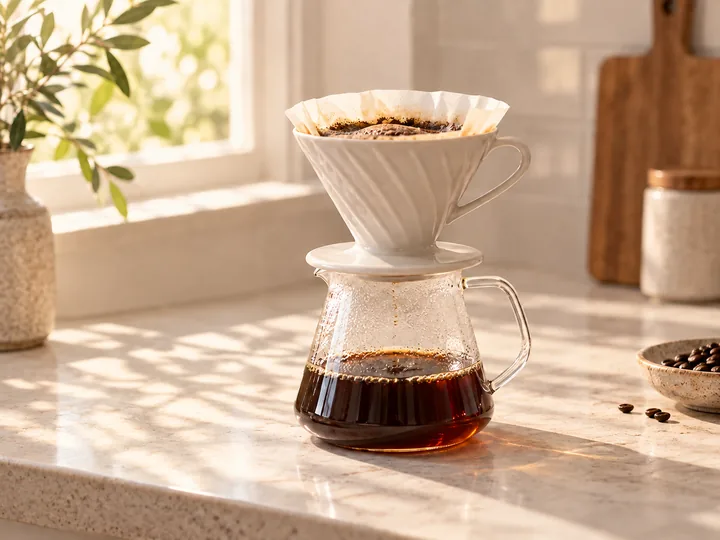 Café filtrado en V60 sobre una encimera