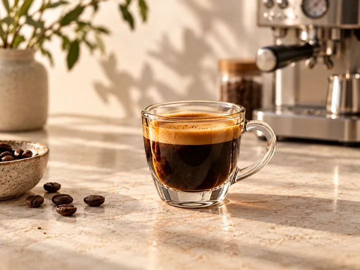 Espresso en taza de vidrio junto a la cafetera