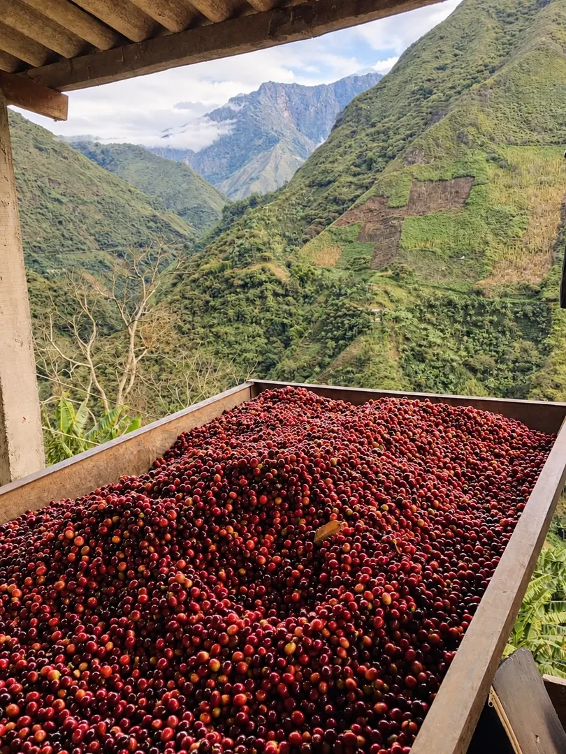 Cerezas recién recolectadas frente a las montañas del Huila